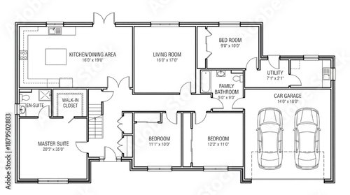 Modern home floor plan with car garage and three bedrooms