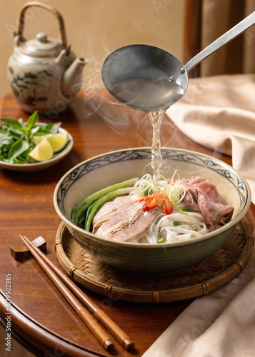 Pouring steaming hot broth into a traditional bowl of Vietnamese beef pho