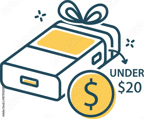 Affordable gift under twenty dollars with money symbol and present wrapped box icon for cheap bargain shopping concept