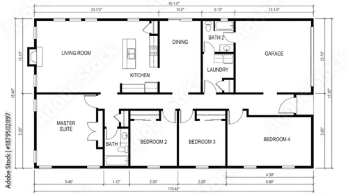 Modern four bedroom house floor plan with garage