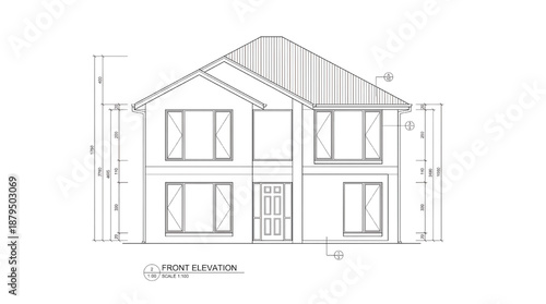 Detailed front elevation drawing of a modern two-story house plan