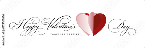 Happy Valentines Day typography greeting card. Handwritten calligraphy text, vector illustration with vibrant pink red true love open heart shapes on transparent background