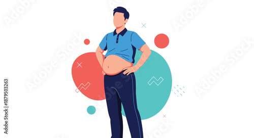 Overweight man with a large protruding belly stands with hands on hips, illustrating issues of obesity and unhealthy lifestyle.