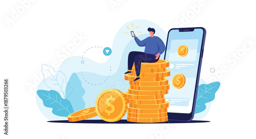 Young man sitting on a pile of gold coins makes money online using a mobile phone application for digital banking and investment.