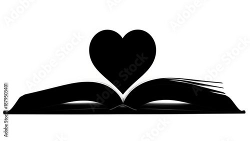 An open book with a heart emerging from its pages, symbolizing love for reading, viewed from the front