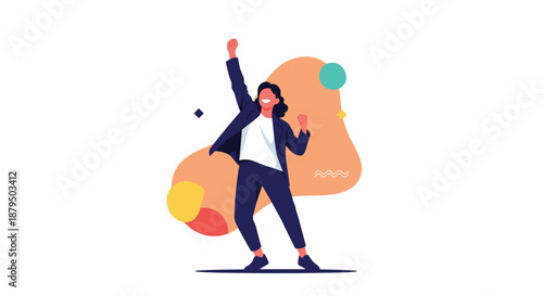 Successful businesswoman in a suit celebrating a victory or achievement with a raised fist, expressing joy and excitement.