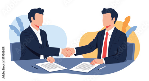 Two businessmen in formal suits shaking hands to finalize a successful business deal after signing contracts and agreements.