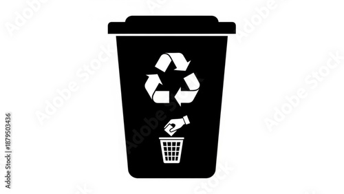 Recycling symbol on a bin with a hand disposing of waste, promoting eco-friendly practices, illustration of sustainability, black and white artwork, environmental awareness
