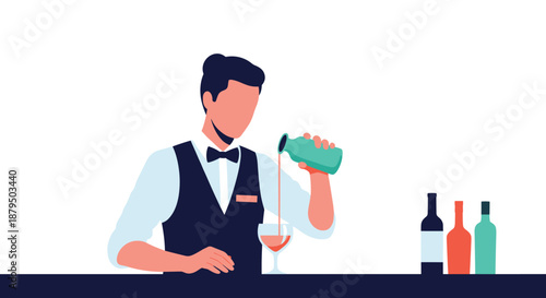 Professional bartender or sommelier in a classic uniform pouring a cocktail or wine into a glass at a restaurant bar counter.