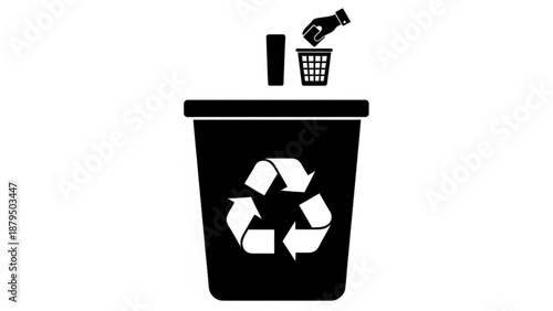 Recycling bin with plastic bottle, can, and paper being disposed of in a sustainable waste management process