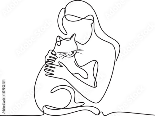 Continuous Line Art Illustration of Woman Cuddling Cat Warm Minimal Artwork