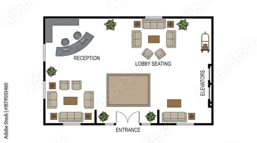 Modern office lobby floor plan with reception and seating area