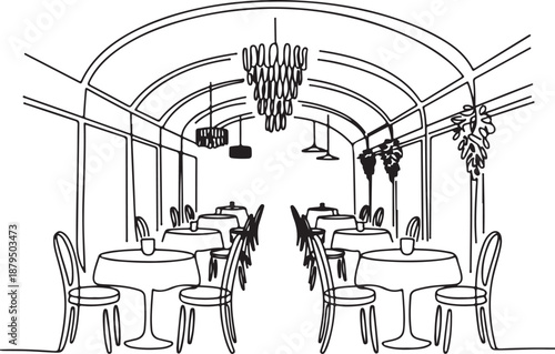 Continuous Line Art Illustration of Restaurant Hall with Tables and Chandeliers — Minimal Elegant Interior Scene