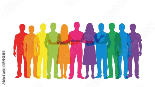 Diverse Group of People Silhouettes in Rainbow Colors Standing Together, Unity Concept