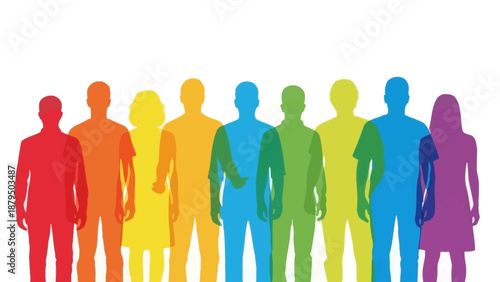 Diverse Group of People Silhouettes in a Rainbow Gradient, Symbolizing Unity and Diversity