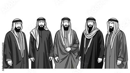 Diverse Middle Eastern Men in Traditional Thobe and Ghutra Attire, Vector Illustration