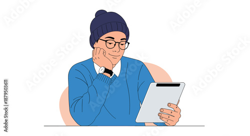 Young man wearing a beanie and glasses smiling as he reads an e-book or browses the internet on a digital tablet device.