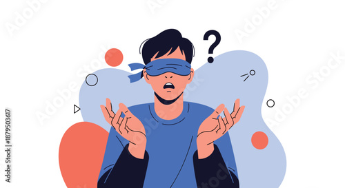 Confused man wearing a blindfold with a question mark above his head, symbolizing uncertainty, risk, and lack of information.