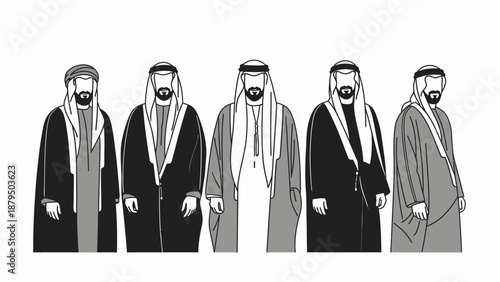Diverse Group of Men in Traditional Arabic Clothing Standing Together