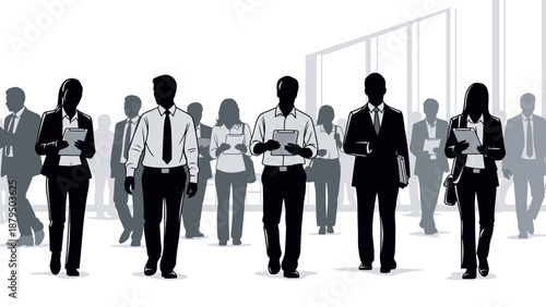 Diverse Business People Walking in Modern, Silhouette Style, Professional Teamwork