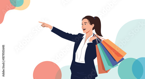 Happy woman in a business suit holding multiple shopping bags and pointing forward, excited about her purchases or a big sale.