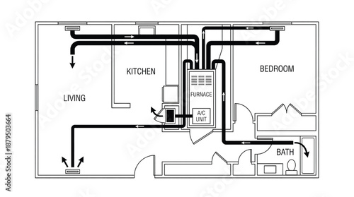 HVAC ductwork layout for small house with living, kitchen, bedroom