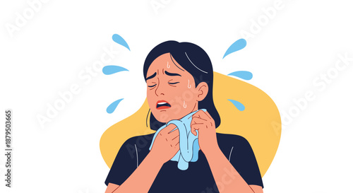 Woman suffering from heat and sweating profusely on a hot summer day, wiping her face with a cloth to cool down.
