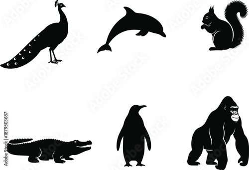 Animal silhouettes, peacock, dolphin, squirrel, alligator, penguin, gorilla, black vector icons, wild creatures clipart, isolated graphic se
