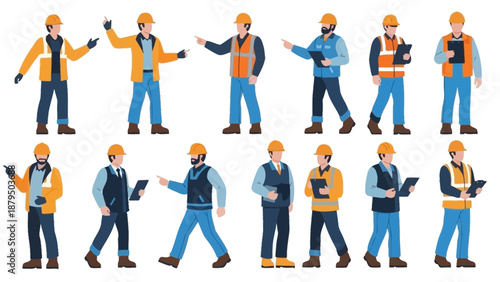 Diverse Construction Workers in Safety Gear Posing and Demonstrating Tasks