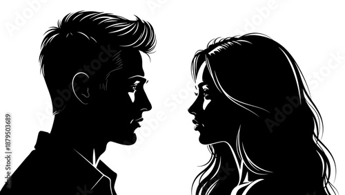 Couple Silhouette Facing Each Other in Profile View, Romantic Connection