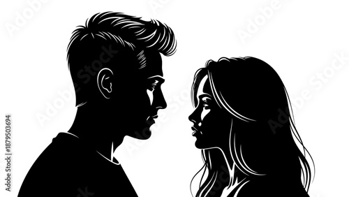 Silhouetted Couple Gazing Intently at Each Other, Romantic Encounter, Black and White