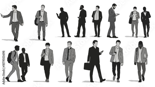 Diverse Group of Men in Business Attire Walking and Using Smartphones Outdoors