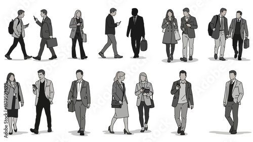 Diverse Group of Business People Walking with Smartphones and Briefcases