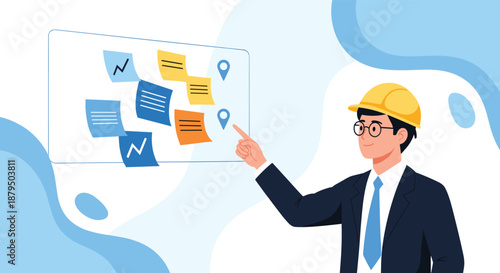 Project manager or engineer in a hard hat using a scrum board with sticky notes for agile project management and planning.
