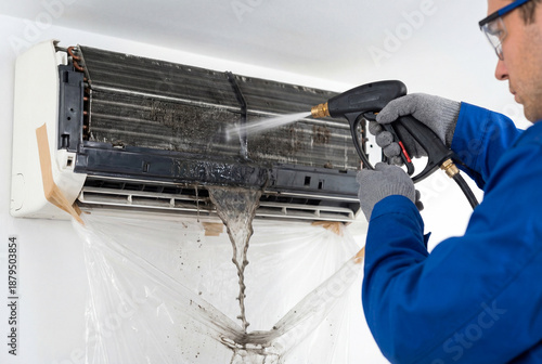 Professional technician cleaning indoor air conditioner unit with high pressure water spray