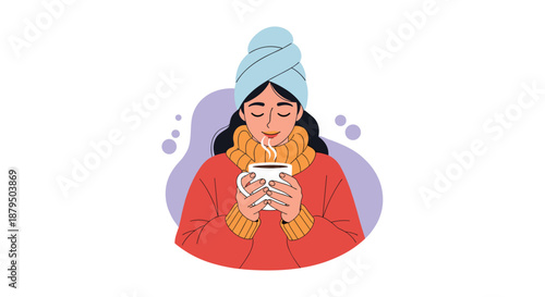 Cozy woman wearing a sweater with a towel on her head, relaxing and enjoying the aroma of a hot drink like coffee or tea.