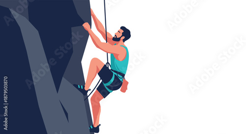 Determined male climber with a beard ascending a steep rock face, engaged in the extreme sport of outdoor rock climbing.