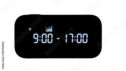 Digital clock displaying operating hours on a sleek black screen against a clean white background from a straightforward front viewpoint