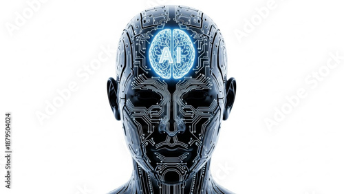A robotic human head with a glowing blue brain, showcasing advanced technology and artificial intelligence concepts from a frontal viewpoint.