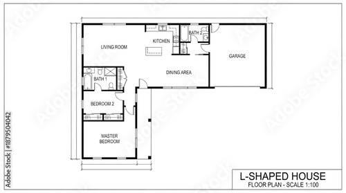 L-shaped house floor plan with modern layout and spacious rooms