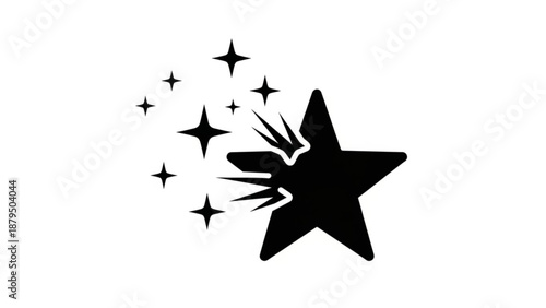 A black star exploding into sparkles and smaller stars on a plain white background from a close-up viewpoint