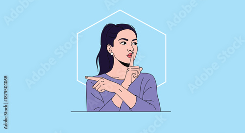 Woman making a shushing gesture with a finger on her lips while pointing to the side, asking for silence or sharing a secret.