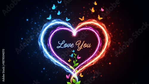 Love glowing heart light art with colorful energy waves butterflies and romantic text expressing emotion connection and Valentines Day celebration concept for branding design