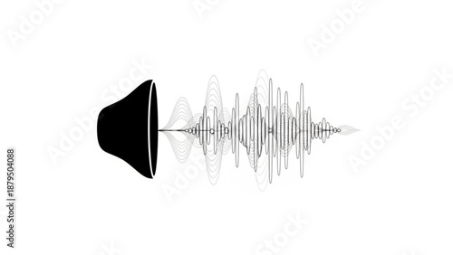 Sound wave emanating from a black megaphone on a white background, viewed from the side
