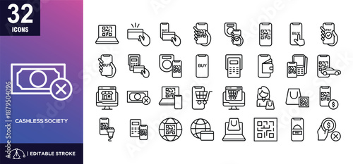 Cashless Society Line Icon Set