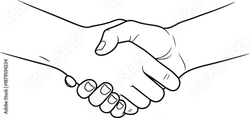 A black and white line drawing of two hands shaking hands in a firm grip