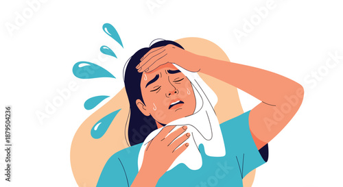 Exhausted woman sweating from high heat or fever, wiping her forehead and feeling unwell on a hot summer day.