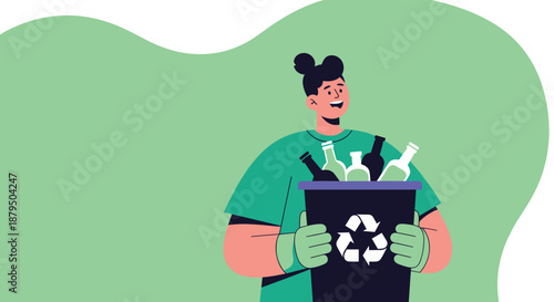Young person holding a recycling bin full of glass bottles, promoting waste sorting and environmental sustainability.