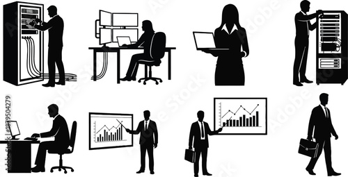 Business professionals working with computers and data analysis in office settings with graphs