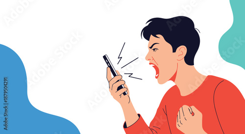 Angry young man shouting into his smartphone, expressing frustration and rage during a heated phone conversation.